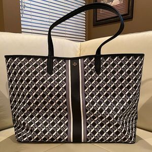 Tory Burch Tote | Geo Logo with Stripe | Black Gray & White